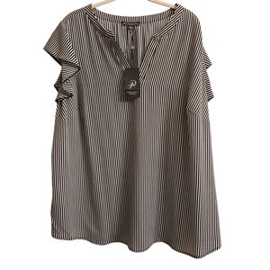 NWT Adrianna Papell Black White Striped  Ruffled Short Sleeve Blouse